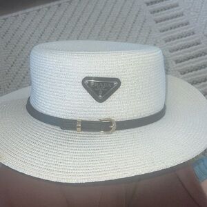 White Prada Sun Hat with mini black belt